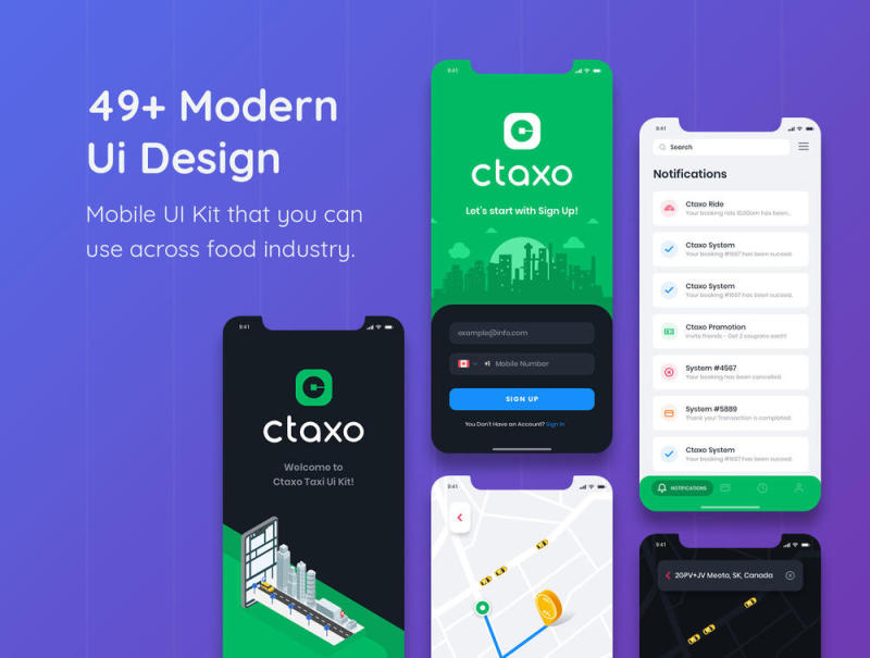 时尚而又现代模板的士车载移动应用，出租车 - 出租车UI套件素描模板
