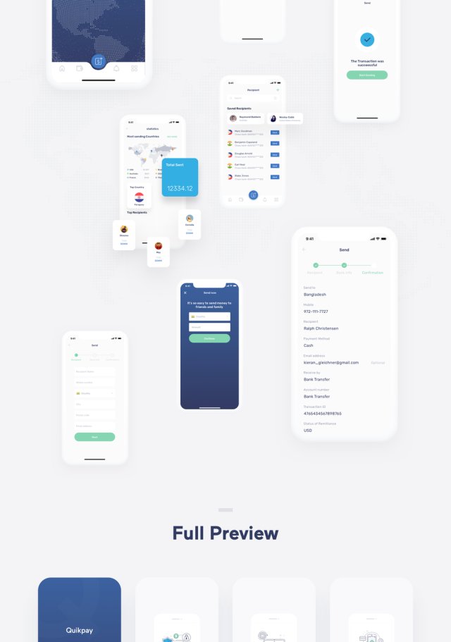 高质量的40+ iOS iPhone X汇款/转账款应用程序屏幕。，Quikpay Remittance IOS app ui kit