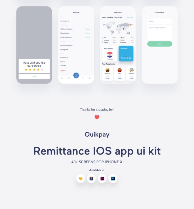 高质量的40+ iOS iPhone X汇款/转账款应用程序屏幕。，Quikpay Remittance IOS app ui kit