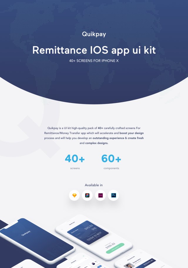 高质量的40+ iOS iPhone X汇款/转账款应用程序屏幕。，Quikpay Remittance IOS app ui kit