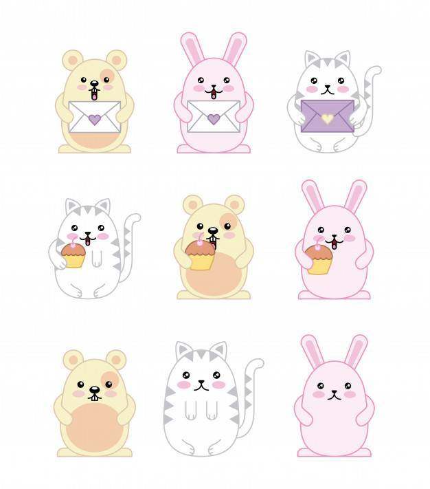 Kawaii动物老鼠全部赌注猫和兔子动画片
