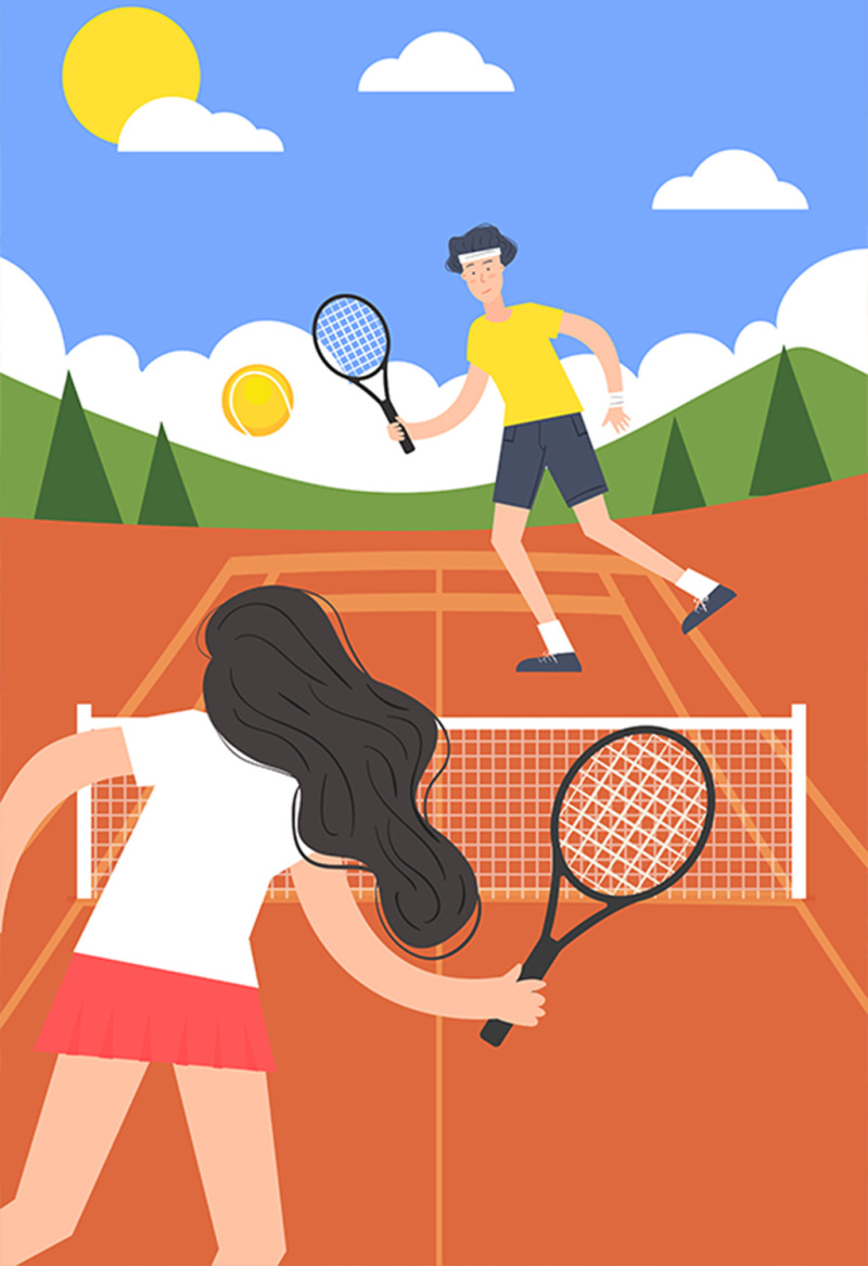卡通清新暑期生活打网球户外运动情侣插画