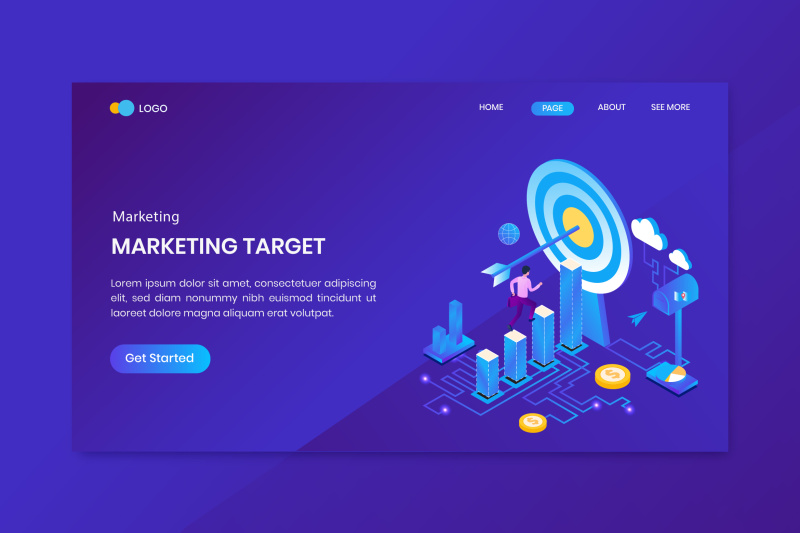 业务目标市场营销等距概念UI平面网站设计插画界面矢量素材Business Target Marketing Isometric Concept Landing Page