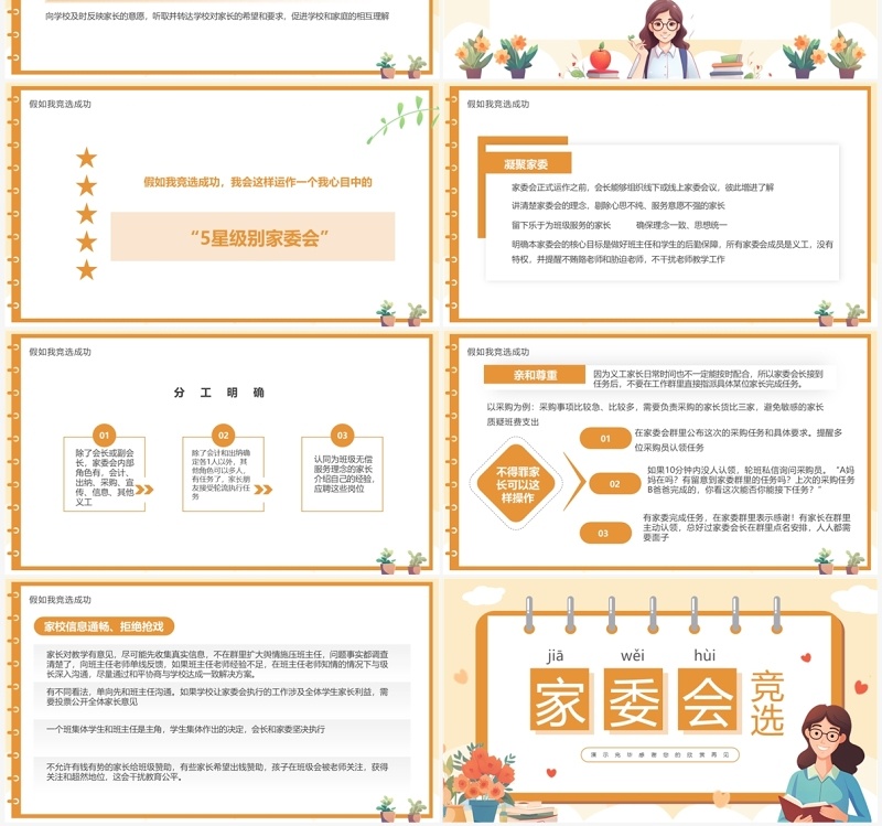 橙色卡通风家委会竞选PPT模板