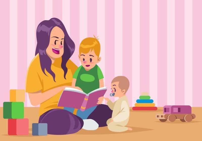 保姆和孩子一起读书矢量