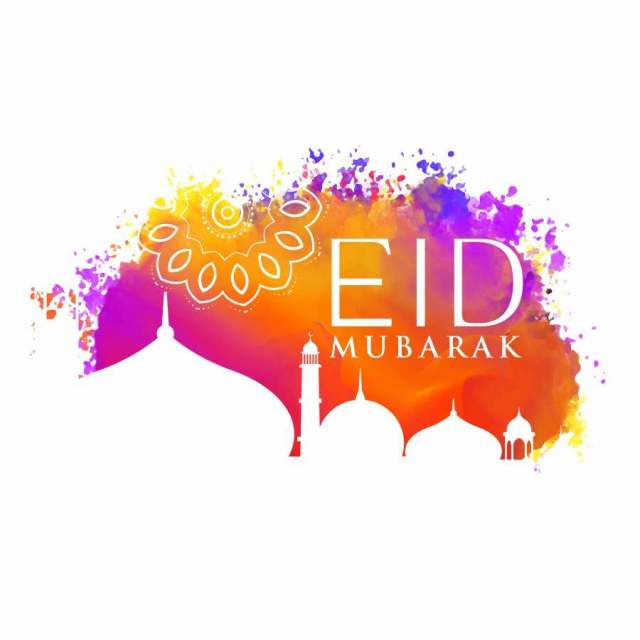 与清真寺剪影的eid mubarak水彩背景