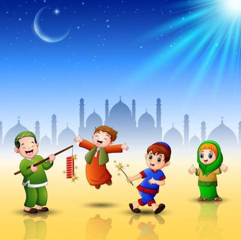 愉快的孩子为eid穆巴拉克庆祝有清真寺背景