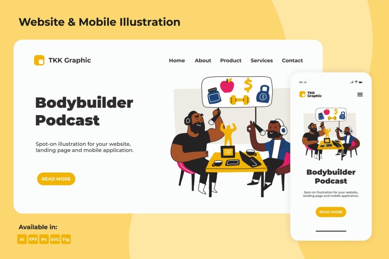 健美运动员直播登陆界面和手机APP插画PSD模板Bodybuilder Podcast Landing page & Mobile design