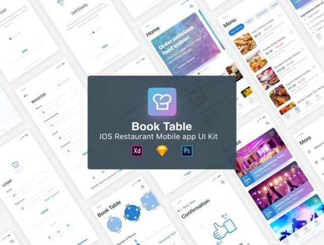 Sketch，PSD和XD IOS 11 App UI Kit专为餐厅设计。，BookTable App UI Kit