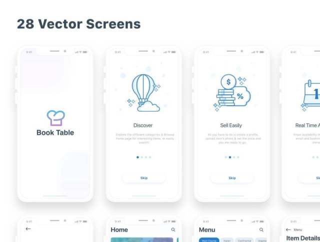 Sketch，PSD和XD IOS 11 App UI Kit专为餐厅设计。，BookTable App UI Kit