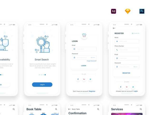 Sketch，PSD和XD IOS 11 App UI Kit专为餐厅设计。，BookTable App UI Kit