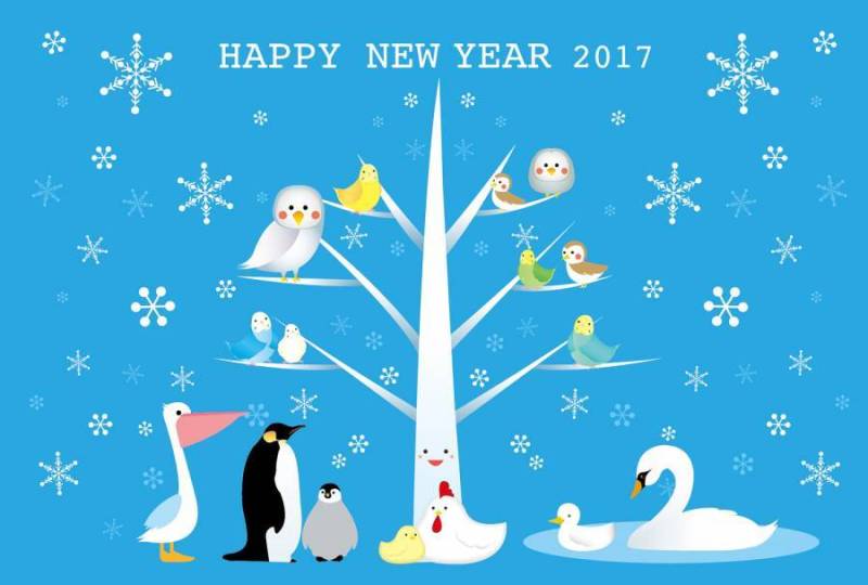 鸟充满了树新年卡模板