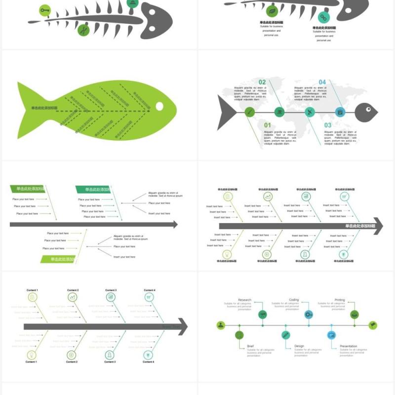 绿色20页鱼骨图可视化图表集PPT模板