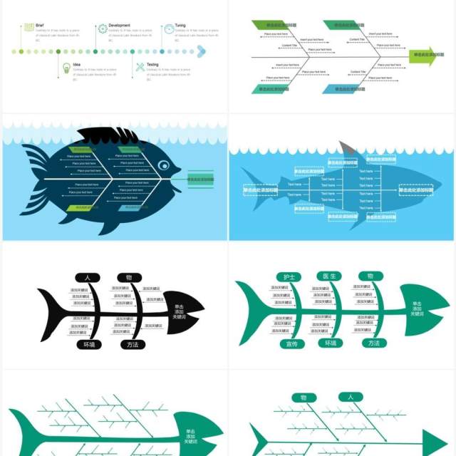绿色20页鱼骨图可视化图表集PPT模板