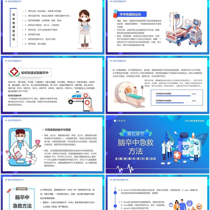 蓝色卡通风体医融合战胜卒中PPT模板