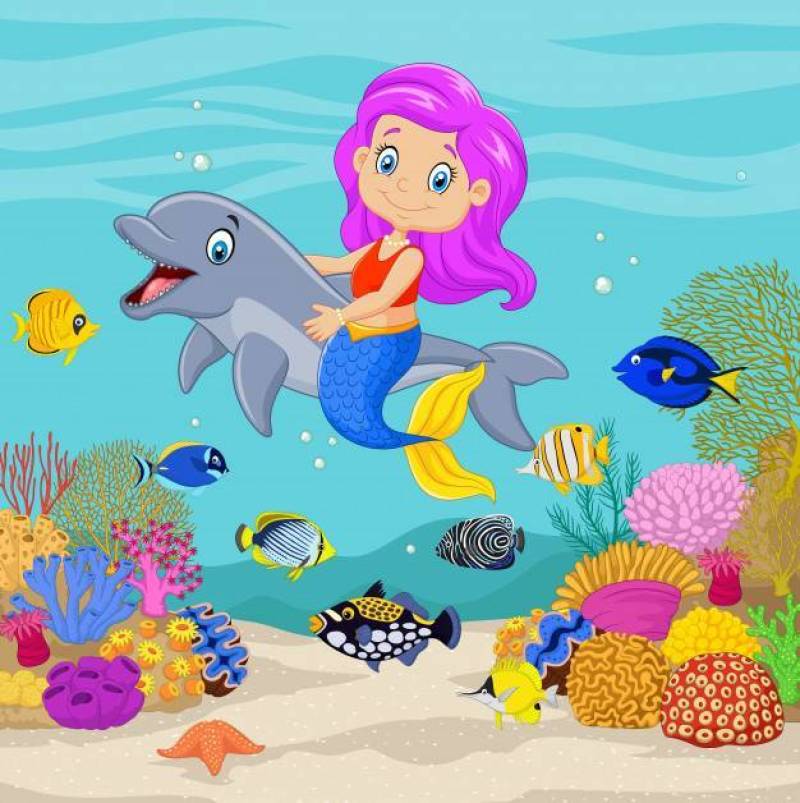 与海豚的逗人喜爱的美人鱼在水下的背景中