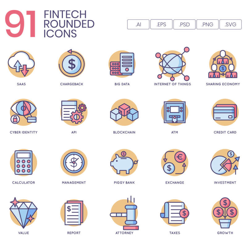 91金融科技产业的矢量图标，91 Fintech图标|奶油糖果系列