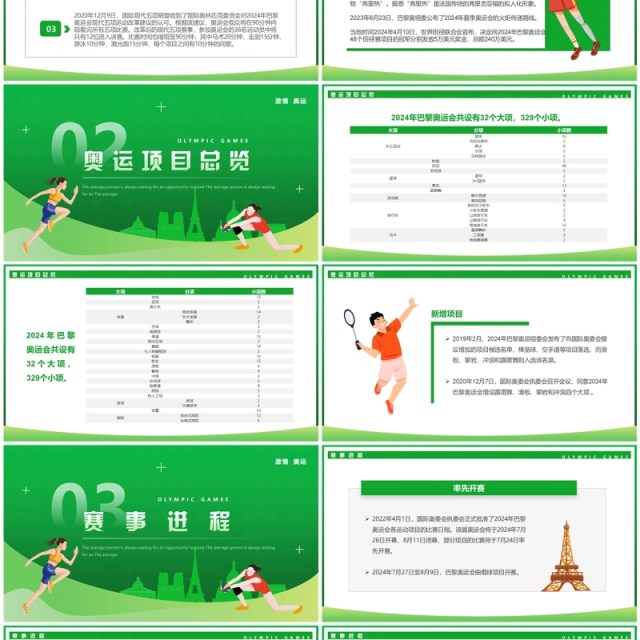 绿色卡通风巴黎奥运会介绍PPT模板