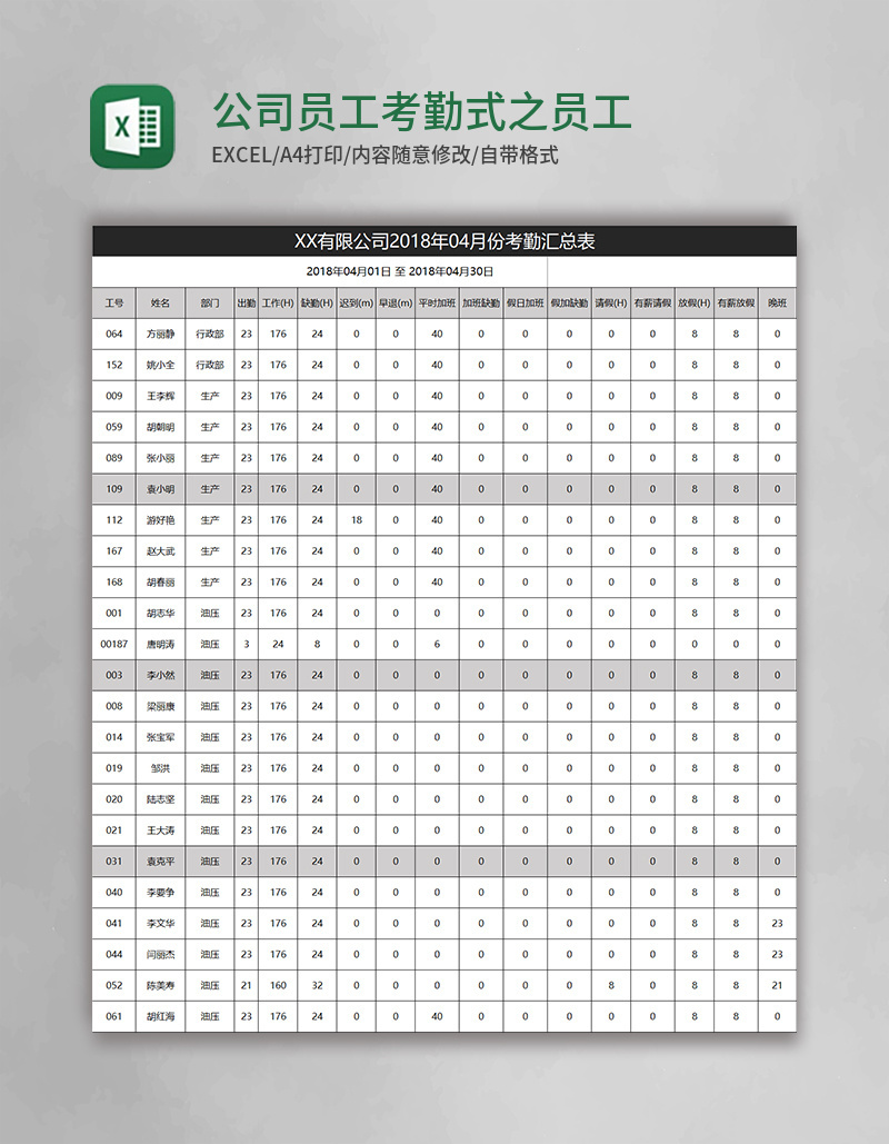 公司员工考勤表格式模板之员工考勤汇Excel表格