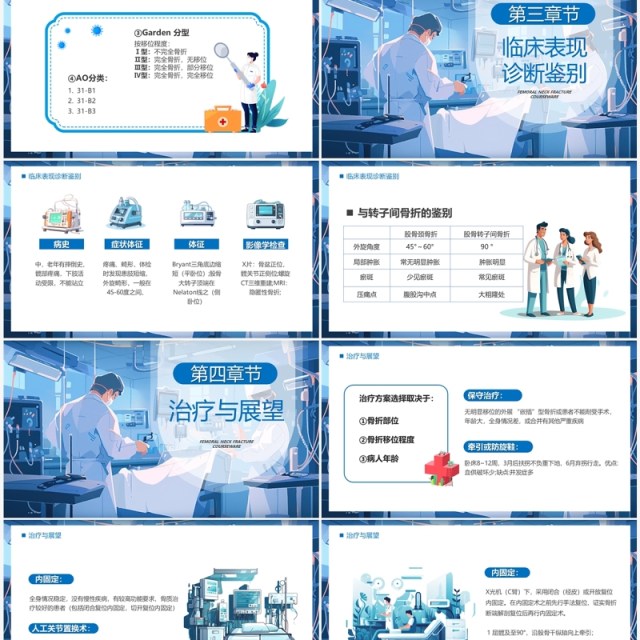 蓝色插画风股骨颈骨折培训PPT模板