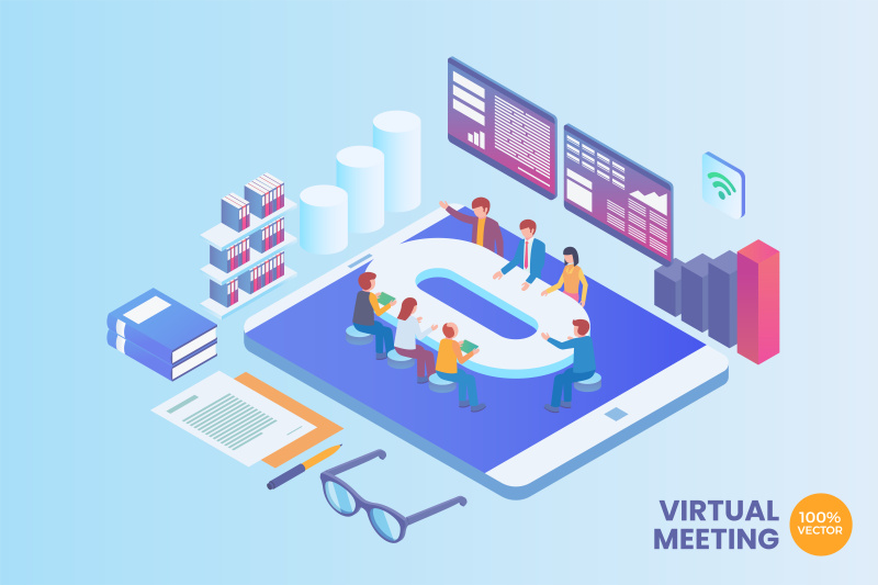 2.5D等距虚拟商务会议矢量AI插画素材概念场景Isometric Virtual Business Meeting Vector Concept