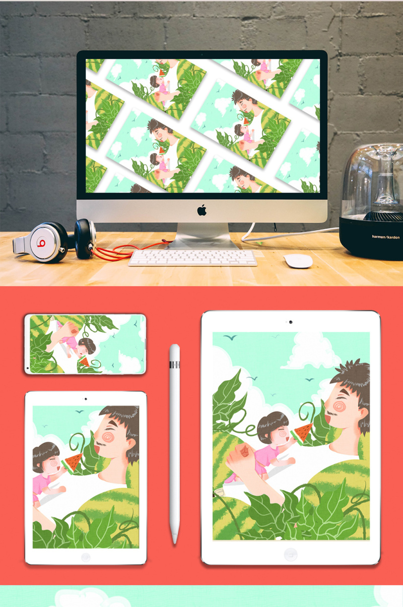 清新可爱卡通父亲节夏天吃瓜田吃西瓜插画