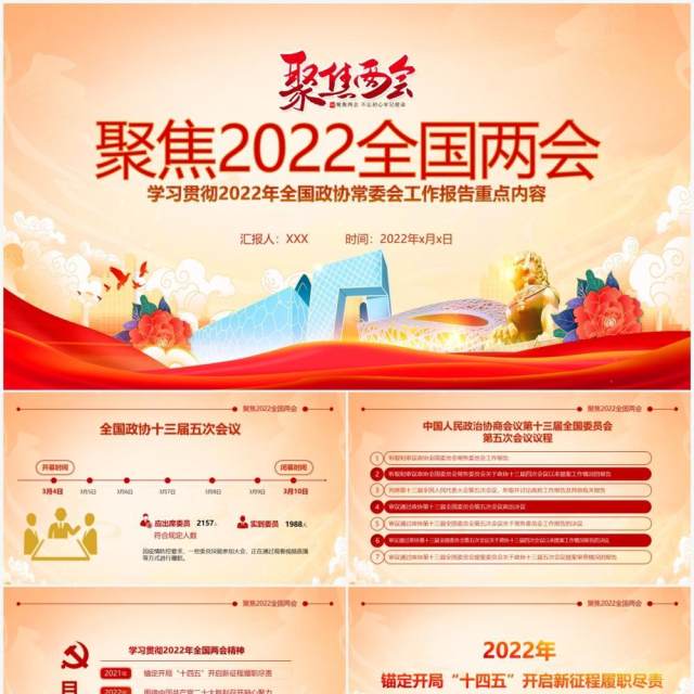 红色简约中国风聚焦2022年全国两会PPT模板