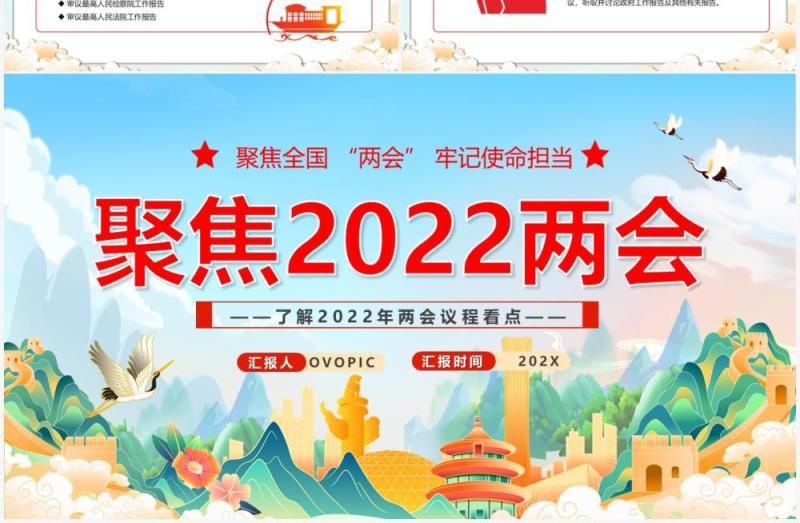 蓝色国潮风聚焦2022两会宣传PPT模板