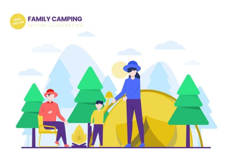 家庭露营平面矢量图AI人物插画设计素材Family Camping Flat Vector Illustration