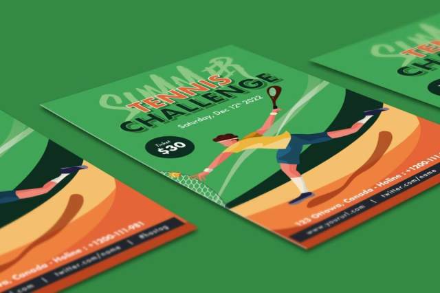 绿色网球挑战传单DM单页EPS矢量插画设计模板Tennis Challenge Flyer Illustrator Template