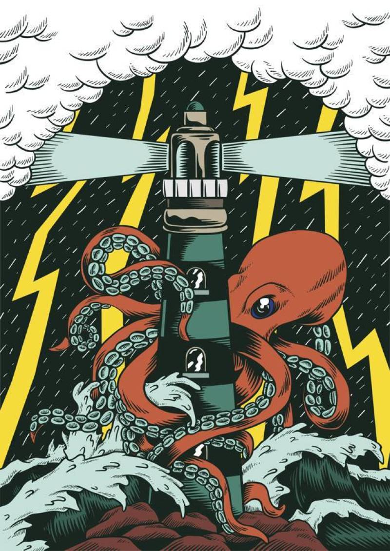 漫画风格章鱼攻击灯塔