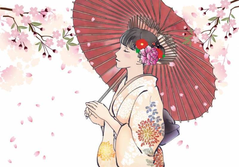 樱花下的日式和服女性（彩色）