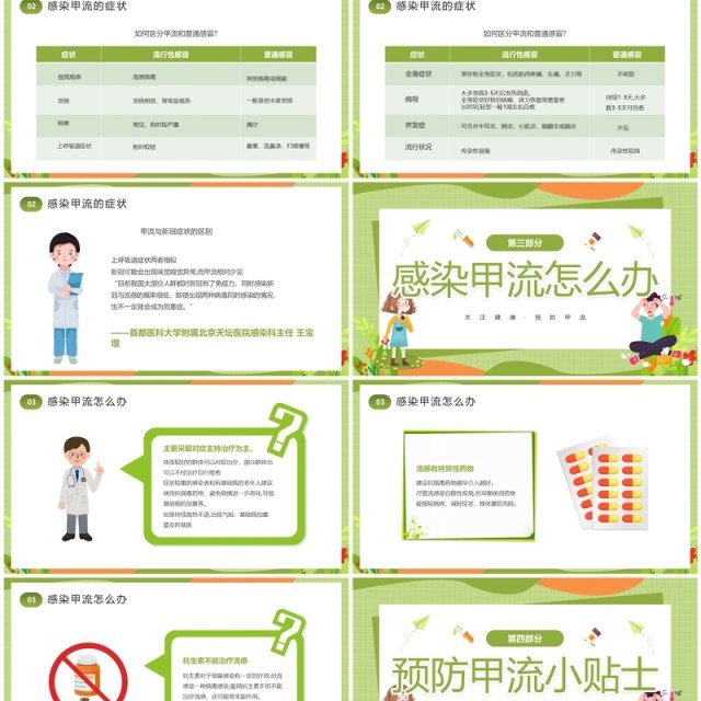 绿色卡通风甲型流感病毒PPT模板