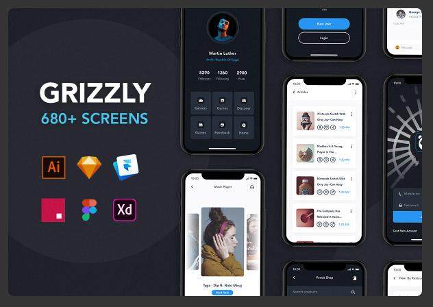 手机APP移动应用程序用户UI界面设计素材工具包Grizzly Mobile App Ui KIt