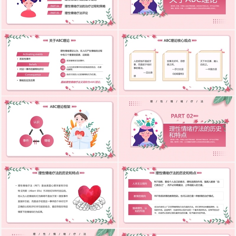 粉色清新风理性情绪疗法介绍PPT模板