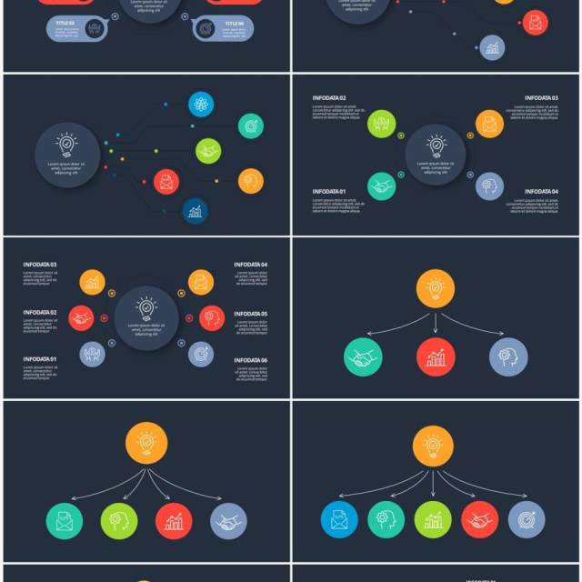 深色背景彩色流程图表关系结构图PPT素材Flow chart