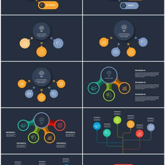 深色背景彩色流程图表关系结构图PPT素材Flow chart