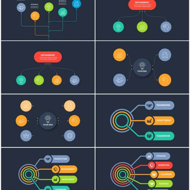 深色背景彩色流程图表关系结构图PPT素材Flow chart