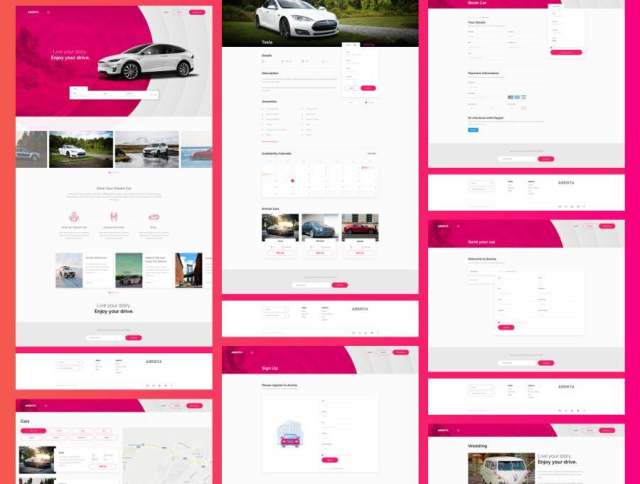 Arenta租车清洁和现代设计的草图模板租赁汽车预订网页模板（含sketch源文件）