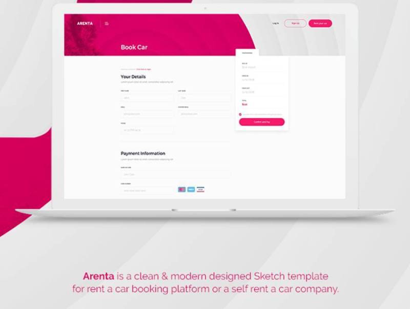 Arenta租车清洁和现代设计的草图模板租赁汽车预订网页模板（含sketch源文件）