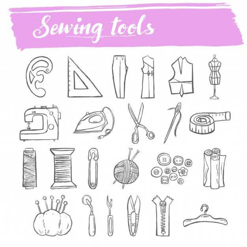 缝纫和编织工具涂鸦图标集