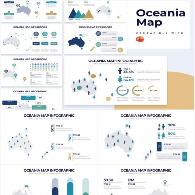 浅色系大洋洲地图PPT信息图形素材Oceania Map Powerpoint Infographics