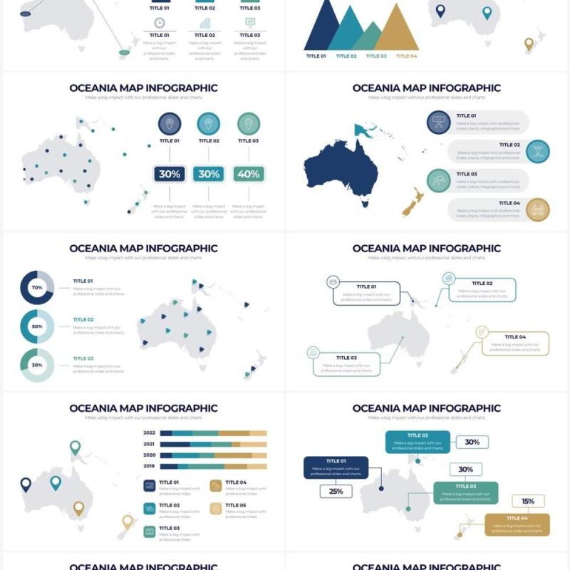 浅色系大洋洲地图PPT信息图形素材Oceania Map Powerpoint Infographics
