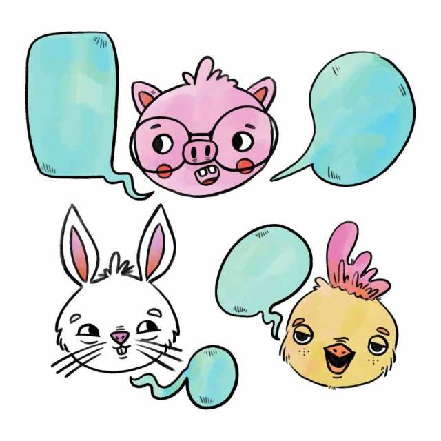 小动物兔子，小猪和小鸡与讲话泡泡