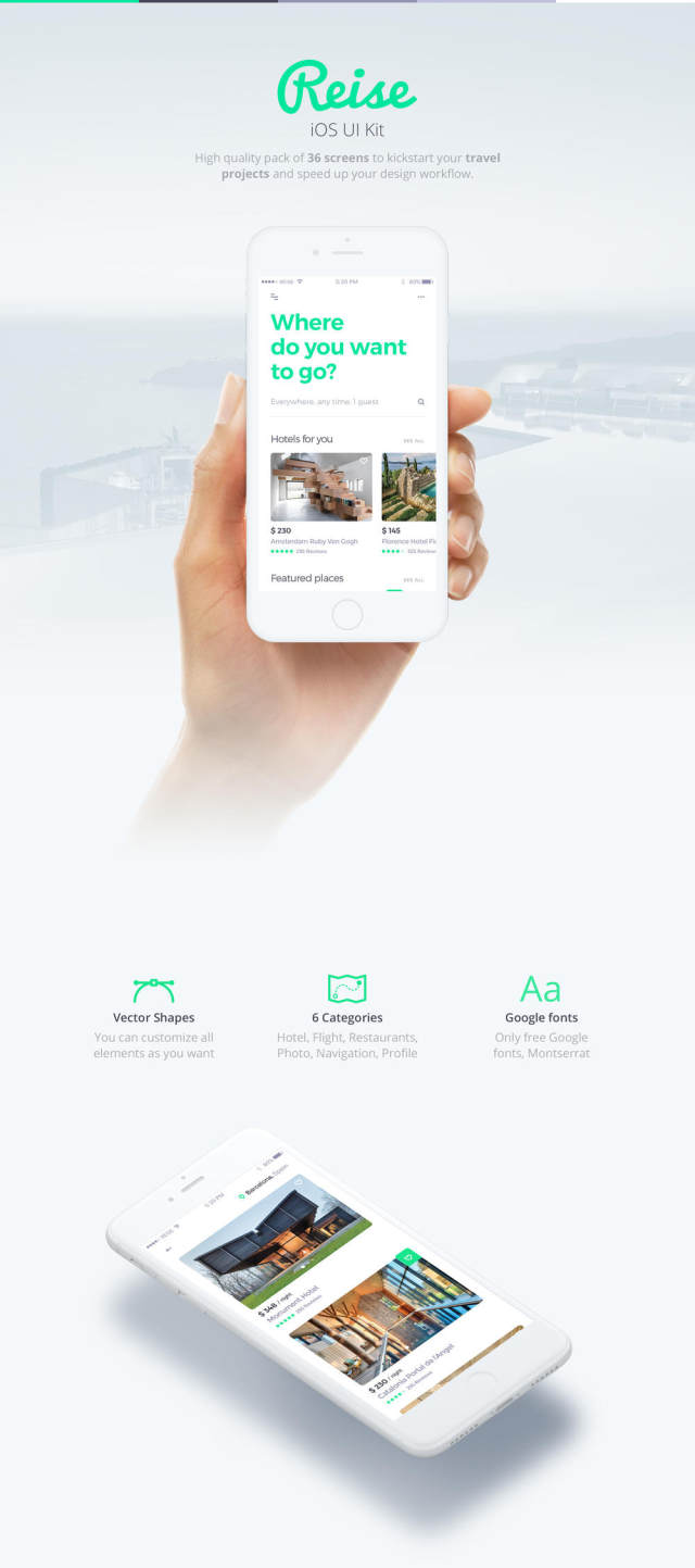 高品质的36屏幕包，以启动您的旅游项目，Reise iOS UI Kit
