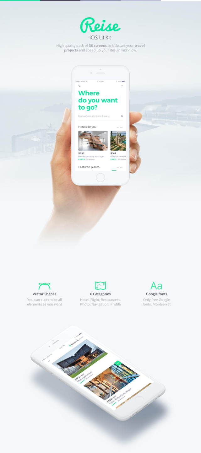 高品质的36屏幕包，以启动您的旅游项目，Reise iOS UI Kit