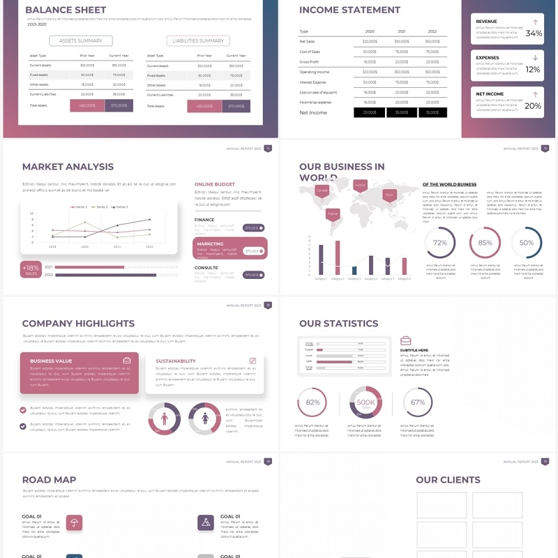 高级紫色年度工作报告信息图表PPT素材模板（无图可插图）Annual Report