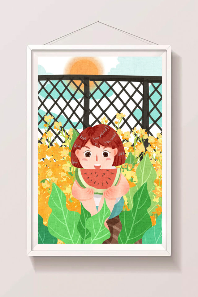 清新可爱女孩夏天吃西瓜插画 清新可爱女孩夏天吃西瓜插画