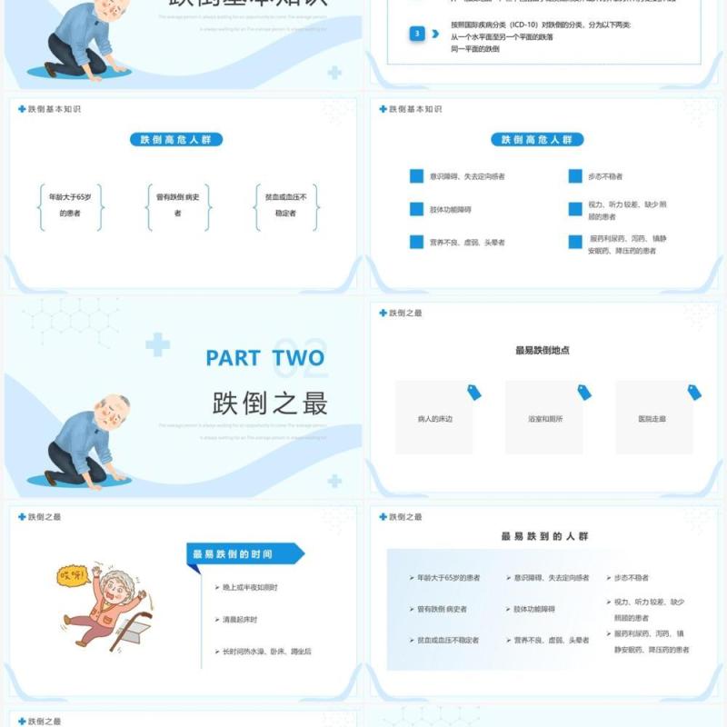 蓝色简约卡通风跌倒坠床健康宣教PPT模板
