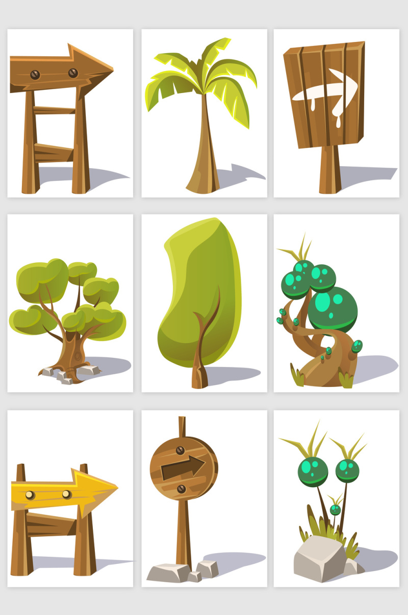 卡通风格树木指示牌矢量元素